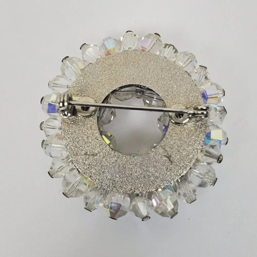 Vintage Aurora Borealis Clear AB Glass Beaded Cluster Wreath‎ Circle Brooch Pin